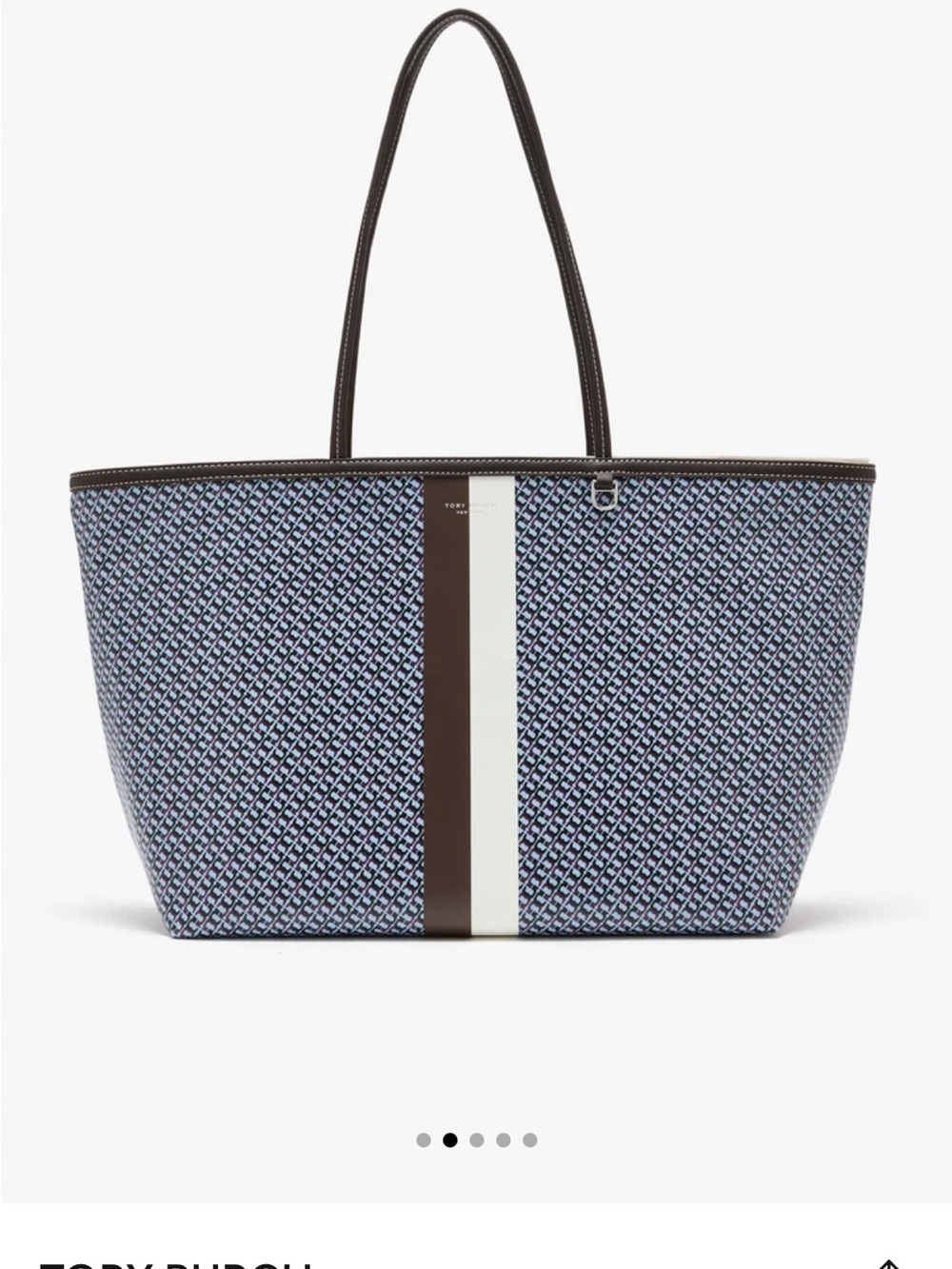 Tory Burch XL Racer Tote Bag Navy Blue with Brown Trim and White Center Stripe